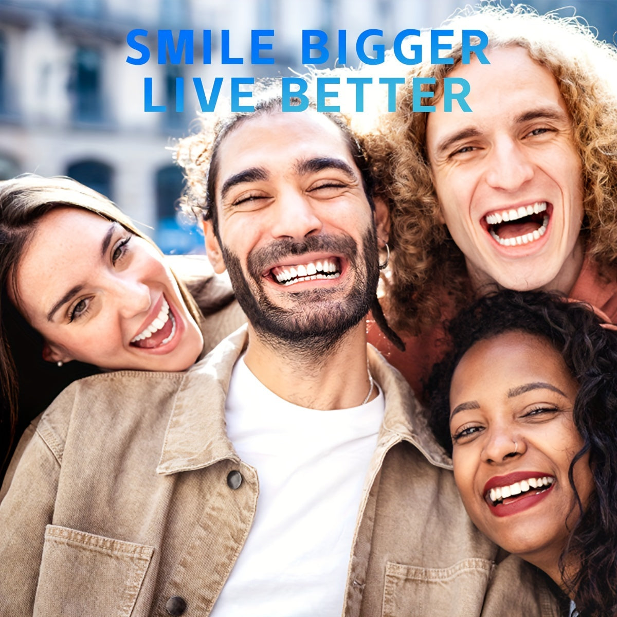 Happy group of people smiling, promoting the 5D Teeth Whitening Strips for a brighter smile.